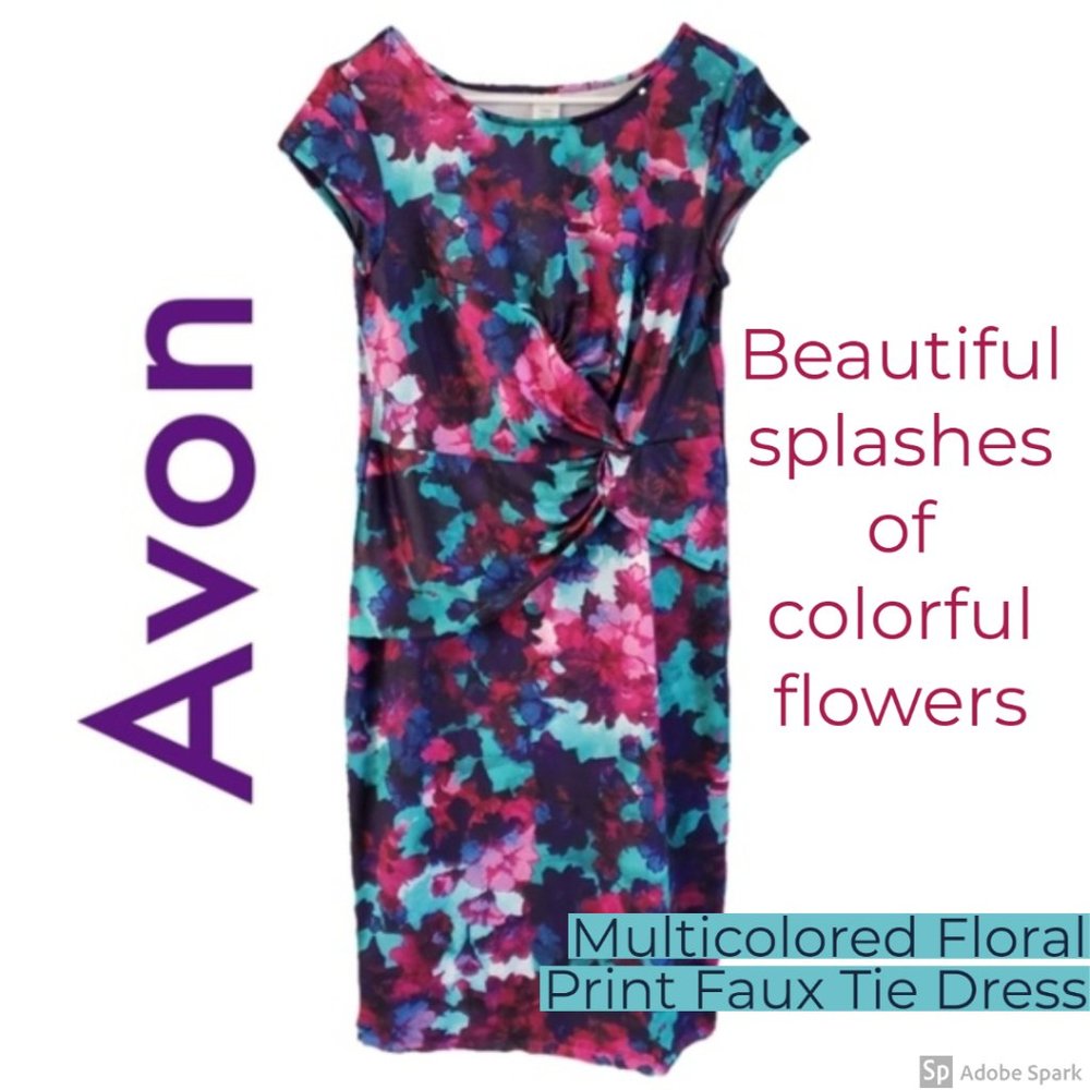 Avon Multicolored Floral Print Faux Tie Dress Sz M